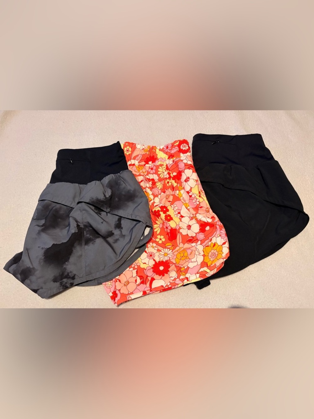 3 Pairs Black Gray Orange Floral Women's Running Shorts Size 8-10 Zip Pocket